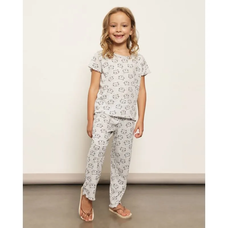 Pijama Infantil Canelado Estampado Gatinho Manga Curta Cinza 10