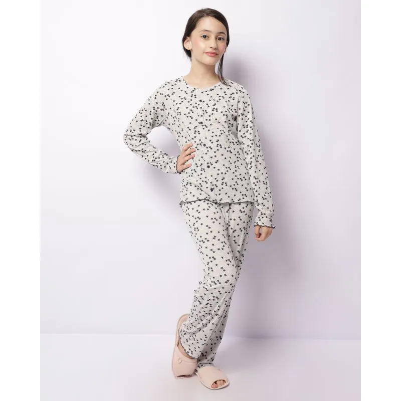 Pijama Juvenil Longo Canelado Estampado Estrelas Cinza 12