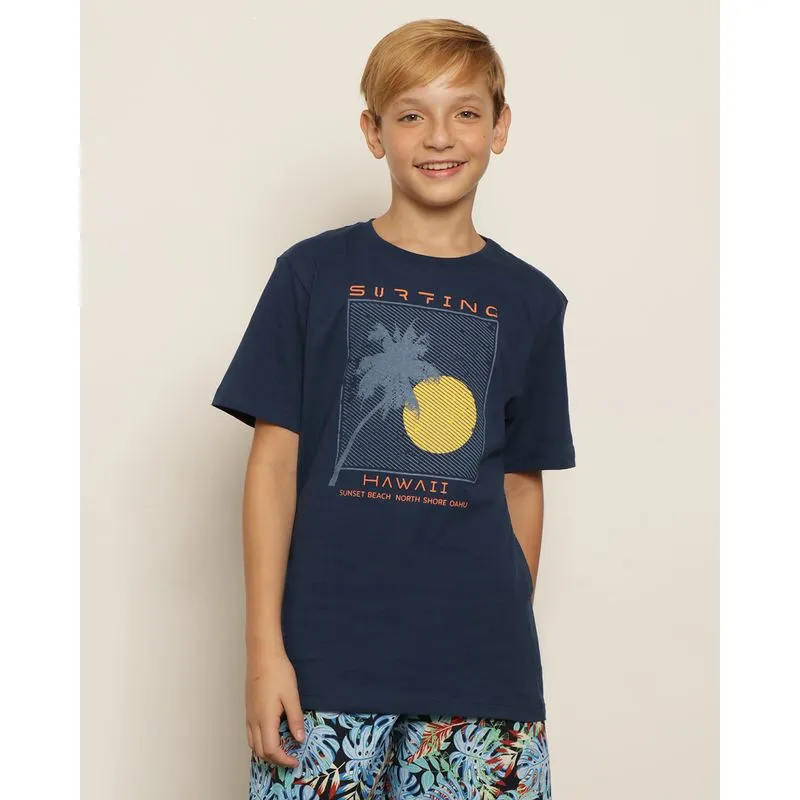 Camiseta Juvenil Estampa Surfing Hawaii Manga Curta Marinho 10