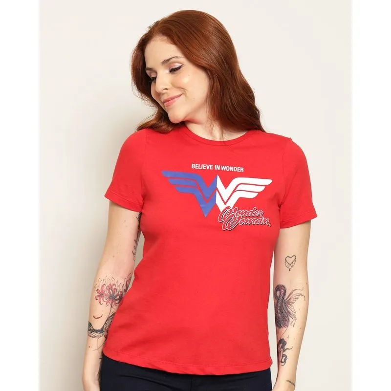 Camiseta Feminina DC Comics Mulher Maravilha Manga Curta Vermelha P