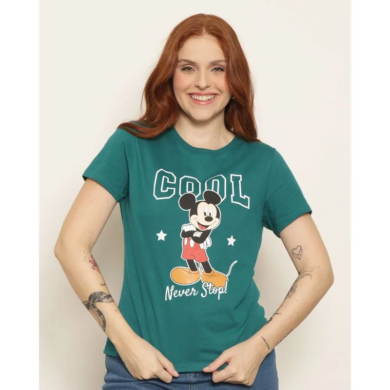 Camiseta Feminina Disney Mickey Manga Curta Verde P