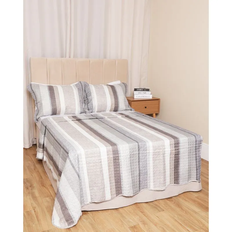 Kit Colcha Casal 3 Peças Corttex Dupla Face Listrada Cinza UN