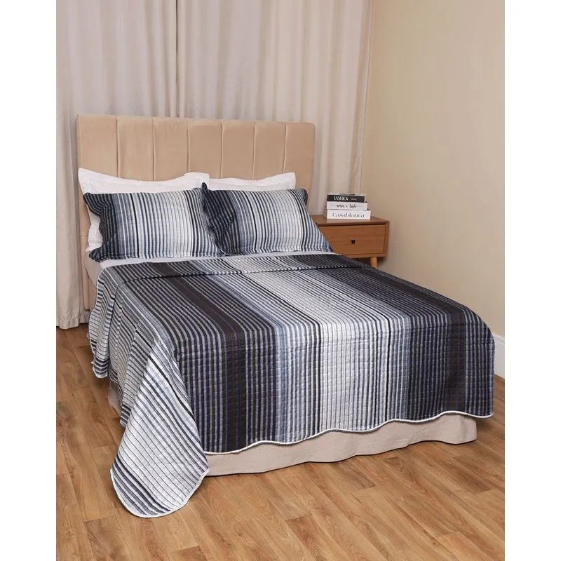 Kit Colcha Casal 3 Peças Corttex Dupla Face Estampada Azul UN