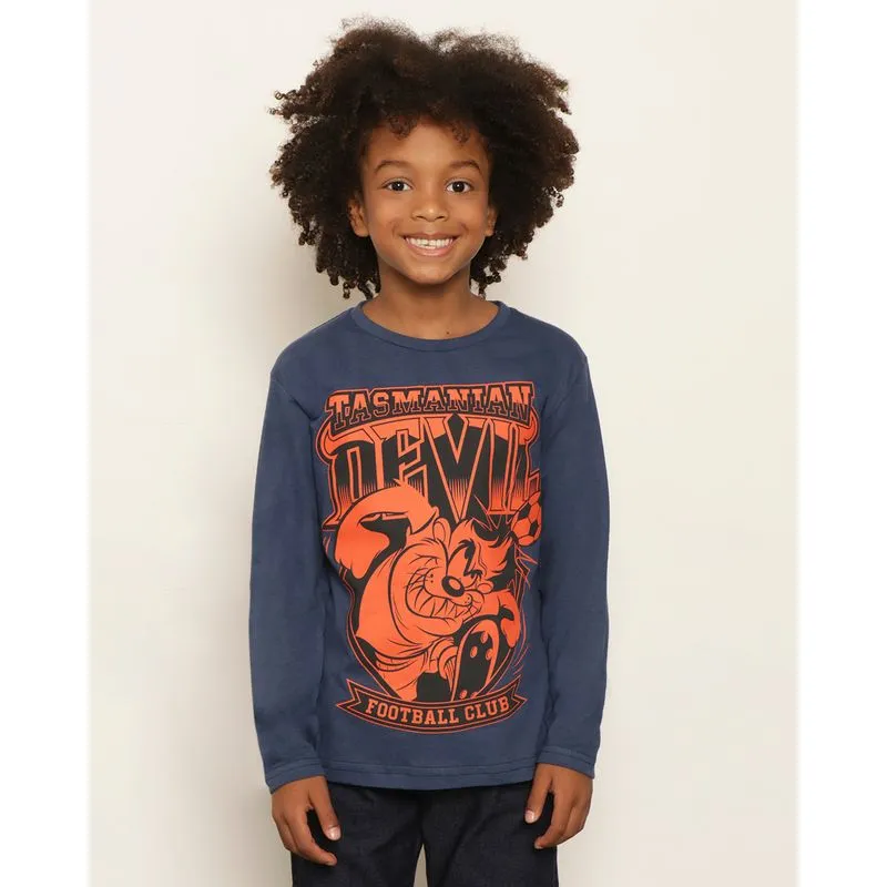Camiseta Infantil Warner Taz Mania Manga Longa Marinho 4