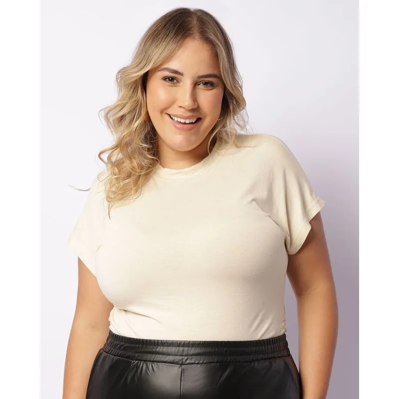 Blusa Plus Size Feminina Franzido Lateral Manga Curta Bege G1