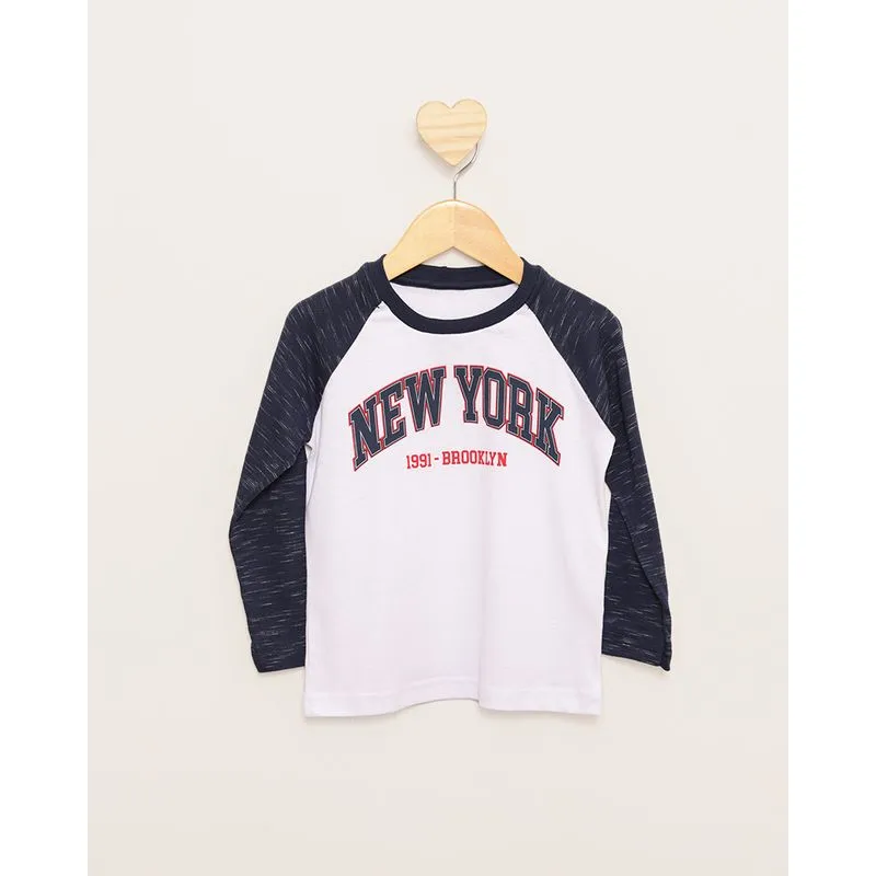 Camiseta Bebê Estampa New York Manga Longa Raglan Branca 2