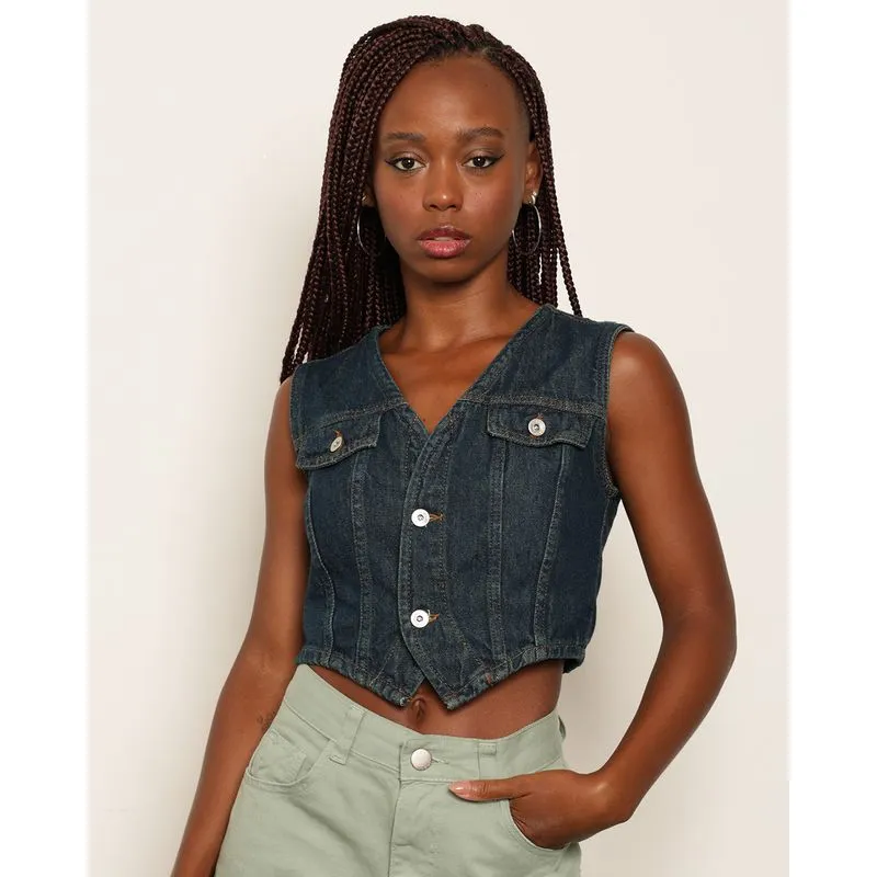 Colete Jeans Feminino Cropped Com Botões Azul GG