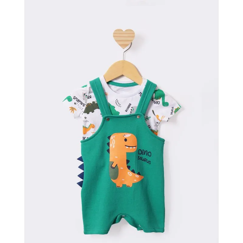 Conjunto Jardineira Bebê Moletinho Estampa Dinossauros Verde G