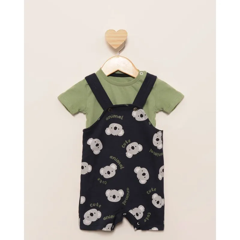 Conjunto Jardineira Bebê Moletinho Curta Estampada Coala Marinho M