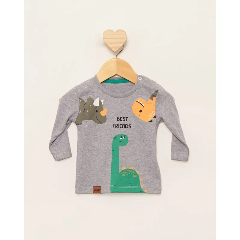 Camiseta Bebê Estampa Dinossauros Manga Longa Cinza G