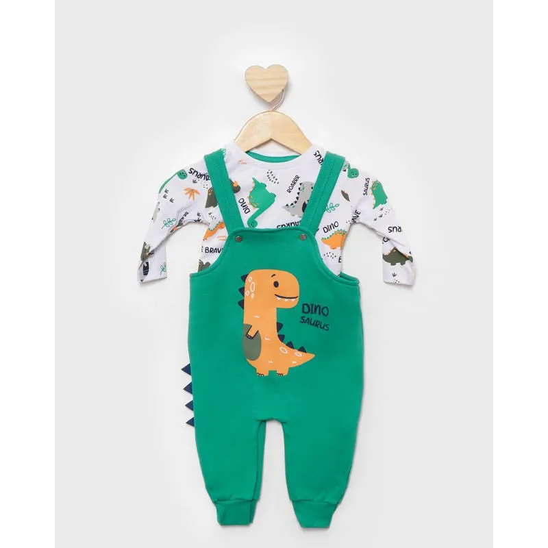 Conjunto Jardineira Moletom Jogger Estampa Dinossauro Verde M