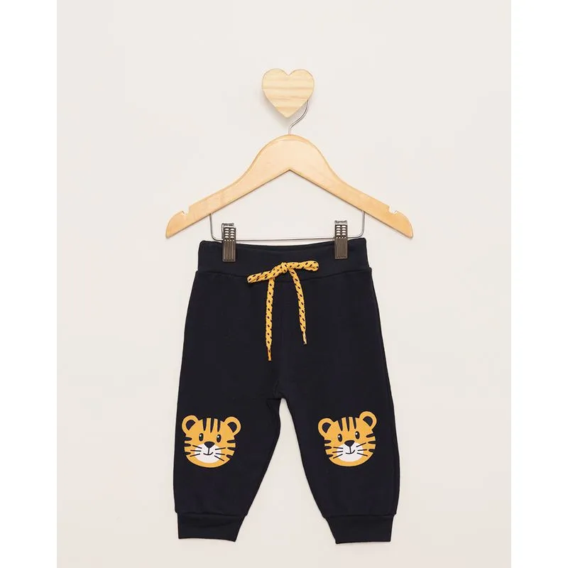 Calça Bebê Moletom Jogger Peluciada Estampa Frontal Marinho M
