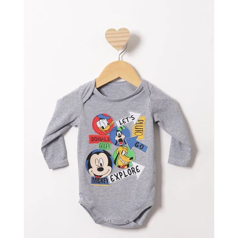 Body Bebê Disney Mickey Friends Manga Longa Cinza M
