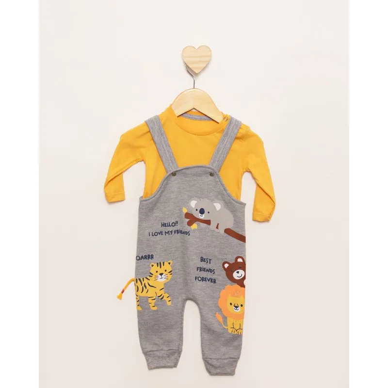 Conjunto Jardineira Moletom Estampa Bichinhos Manga Longa Cinza P