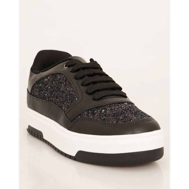 Tênis Feminino Casual Com Recorte E Glitter Preto 35