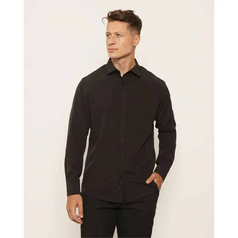 Camisa Social Masculina Manga Longa Com Botões Preta 2