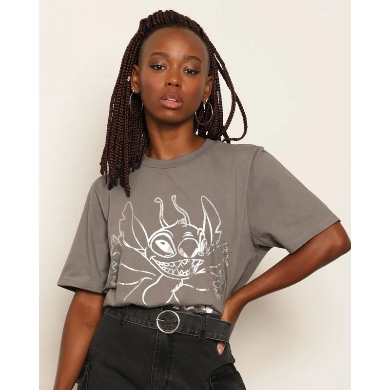 Camiseta Feminina Disney Stitch Oversized Manga Curta Cinza P