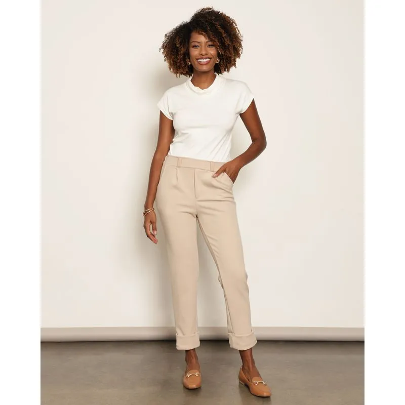 Calça Feminina Reta Crepe Barra Dobrada Com Bolsos Bege GG