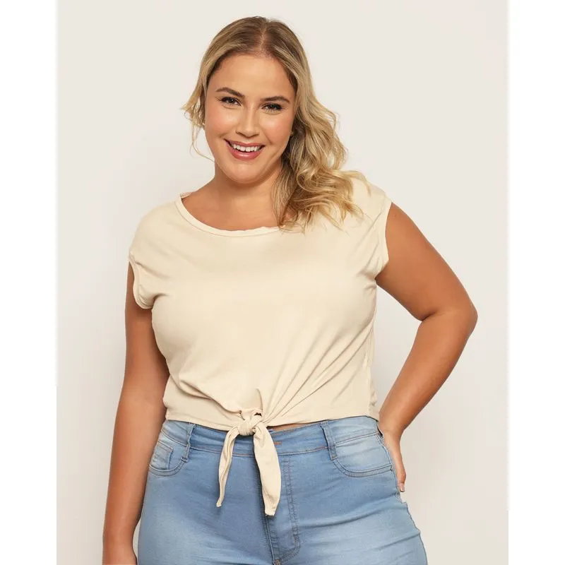 Regata Plus Size Feminina Detalhe Nozinho Bege G1