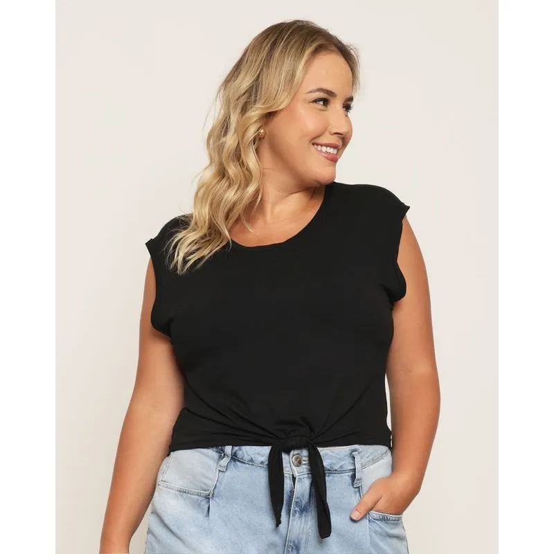 Regata Plus Size Feminina Detalhe Nozinho Preta G2