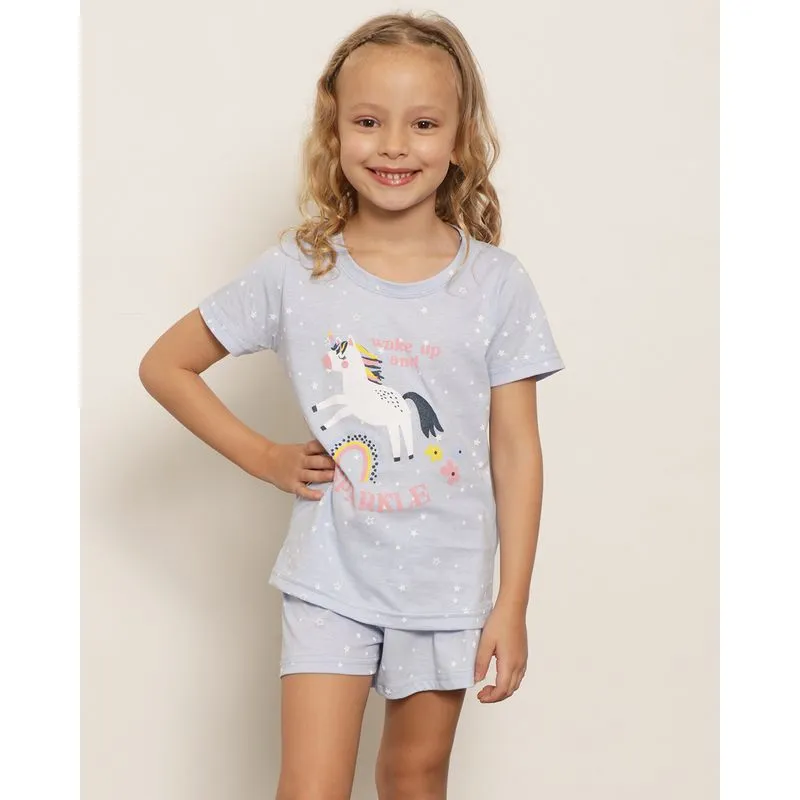 Pijama Infantil Curto Estampa Unicórnio Azul Claro 8