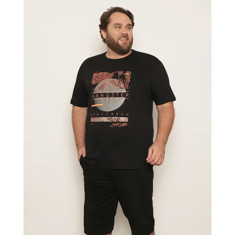 Camiseta Masculina Plus Size Gangster Estampa Manga Curta Preto G4