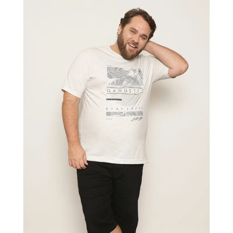 Camiseta Masculina Plus Size Gangster Estampa Manga Curta Mescla Cinza G4