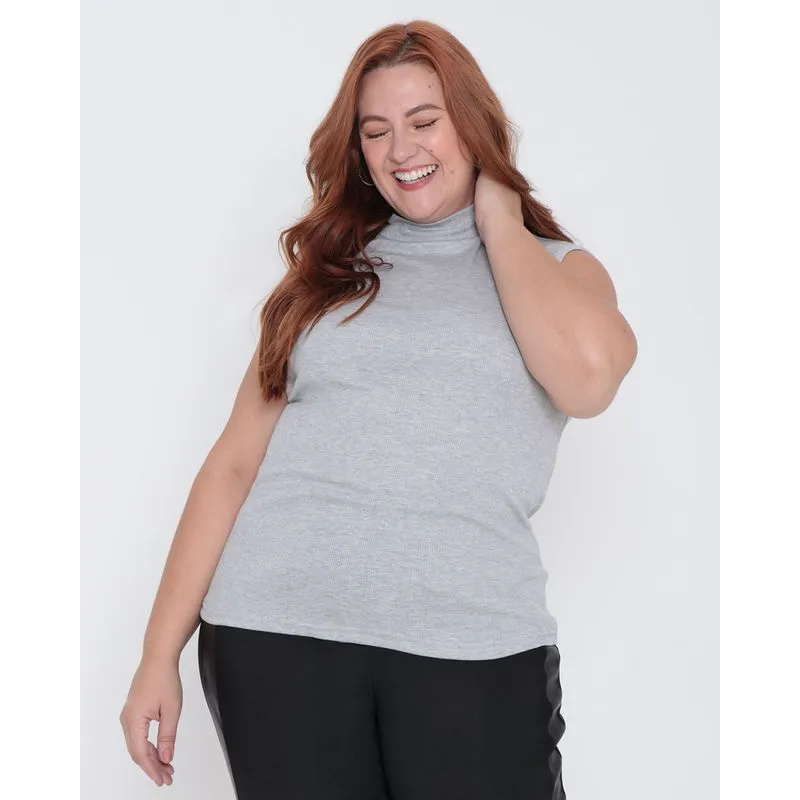 Regata Plus Size Feminina Gola Alta Canelada Cinza Claro G3
