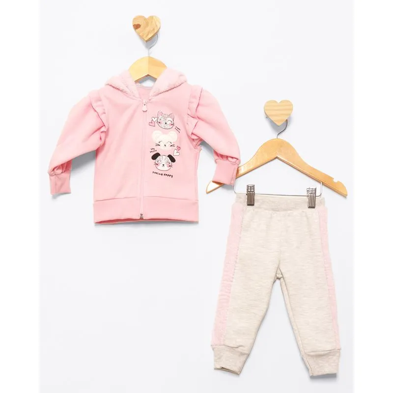 Conjunto Moletom Bebê Com Capuz Estampa Bichinhos Rosa M