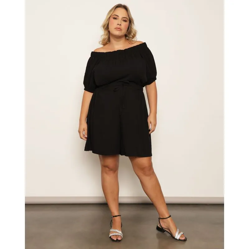 Macaquinho Plus Size Feminino Viscose Curto Ciganinha Com Cordão Preto G3