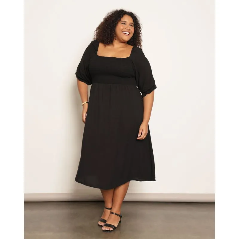 Vestido Plus Size Feminino Midi Manga Bufante Com Lastex Preto G2