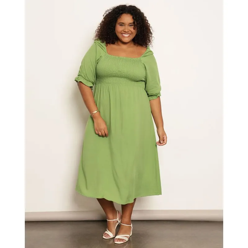 Vestido Plus Size Feminino Midi Manga Bufante Com Lastex Verde G1