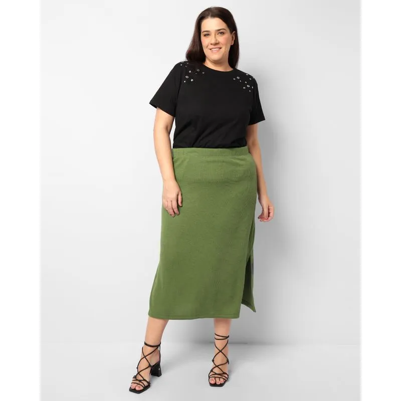 Saia Plus Size Feminina Midi Com Fenda Texturizada Verde G1