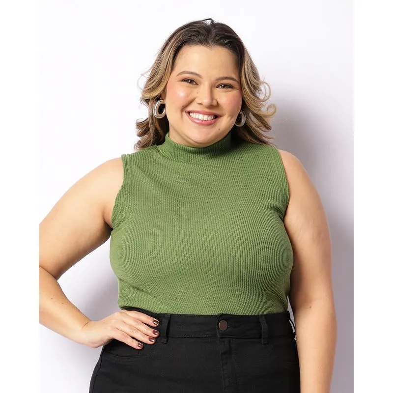 Regata Plus Size Feminina Gola Alta Canelada Verde G2