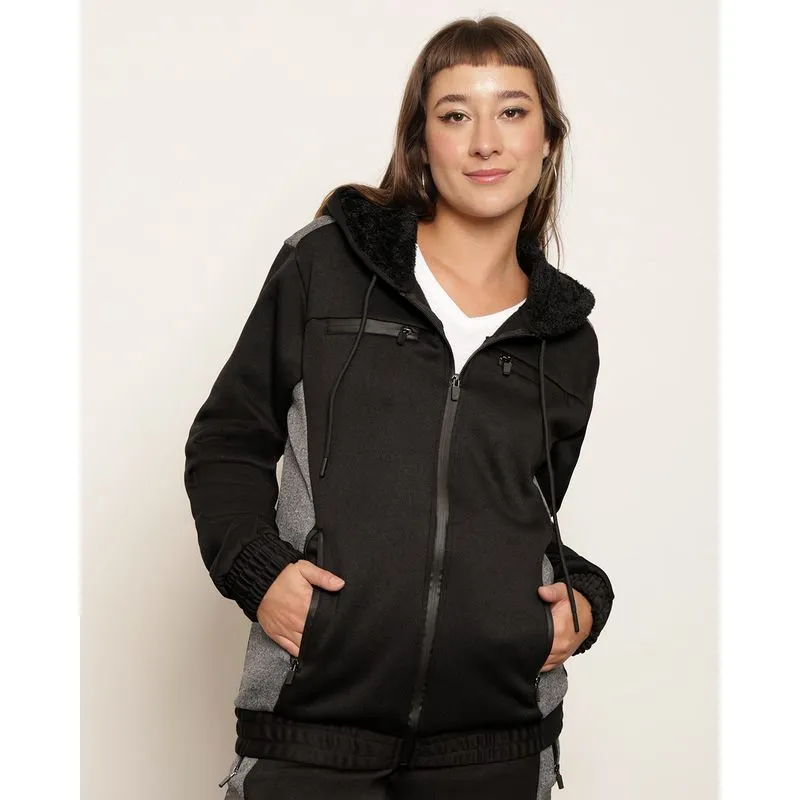 Jaqueta Moletom Feminina Peluciada Fitness Recortes Preta G