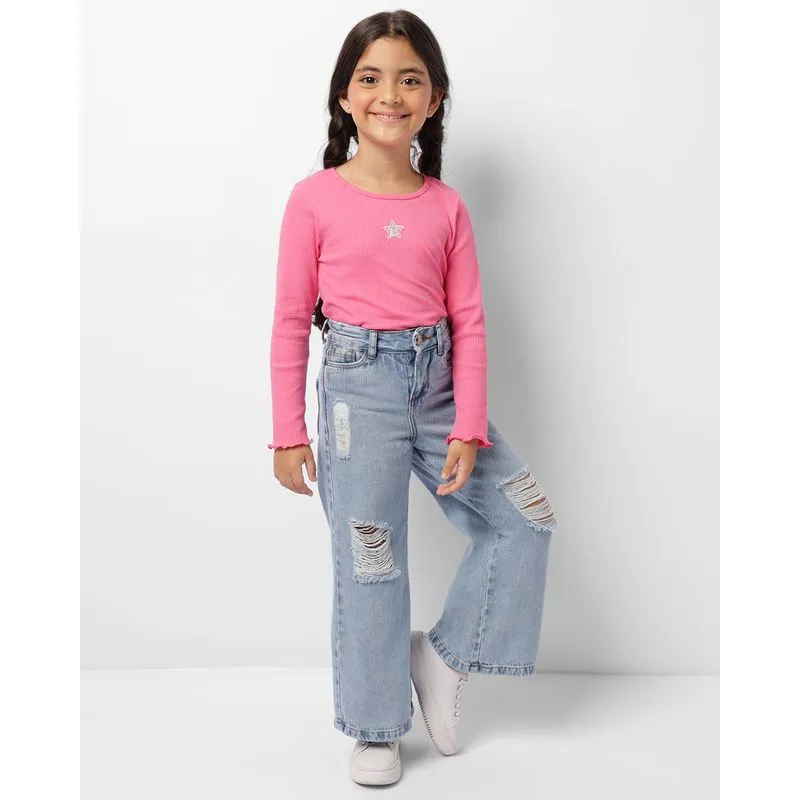 Calça Jeans Infantil Wide Leg Com Destoyed Azul 4