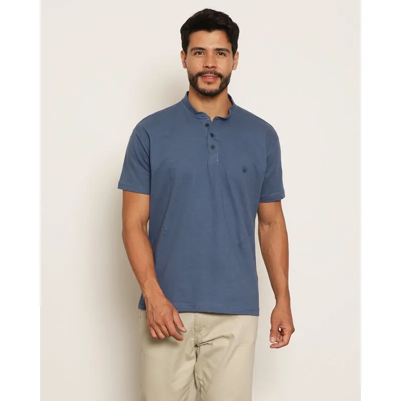 Camisa Masculina Texturizada Gola Padre Manga Curta Azul G