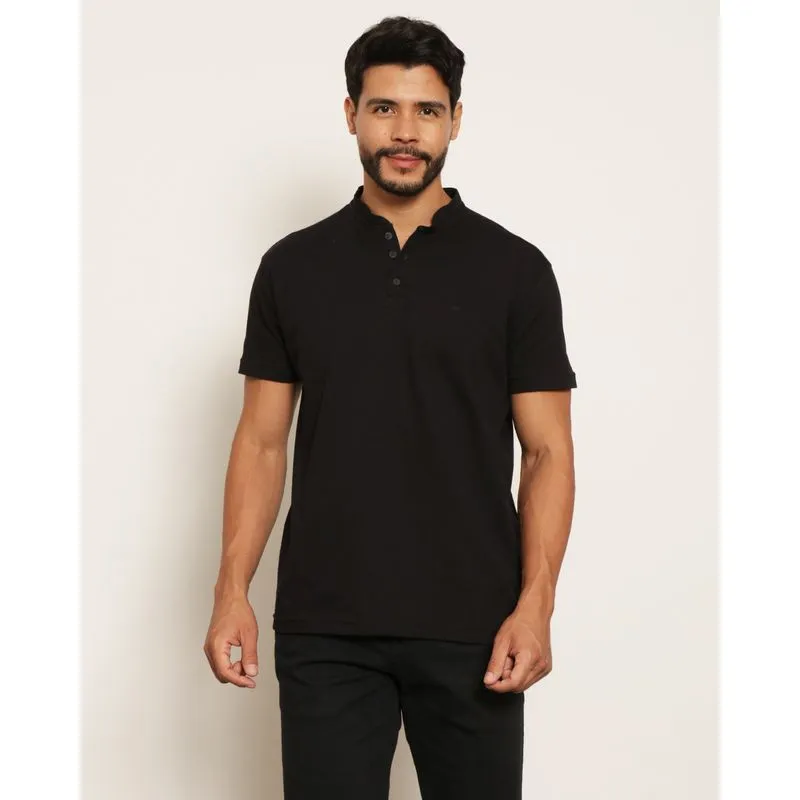 Camisa Polo Masculina Texturizada Gola Padre Manga Curta Preta GG