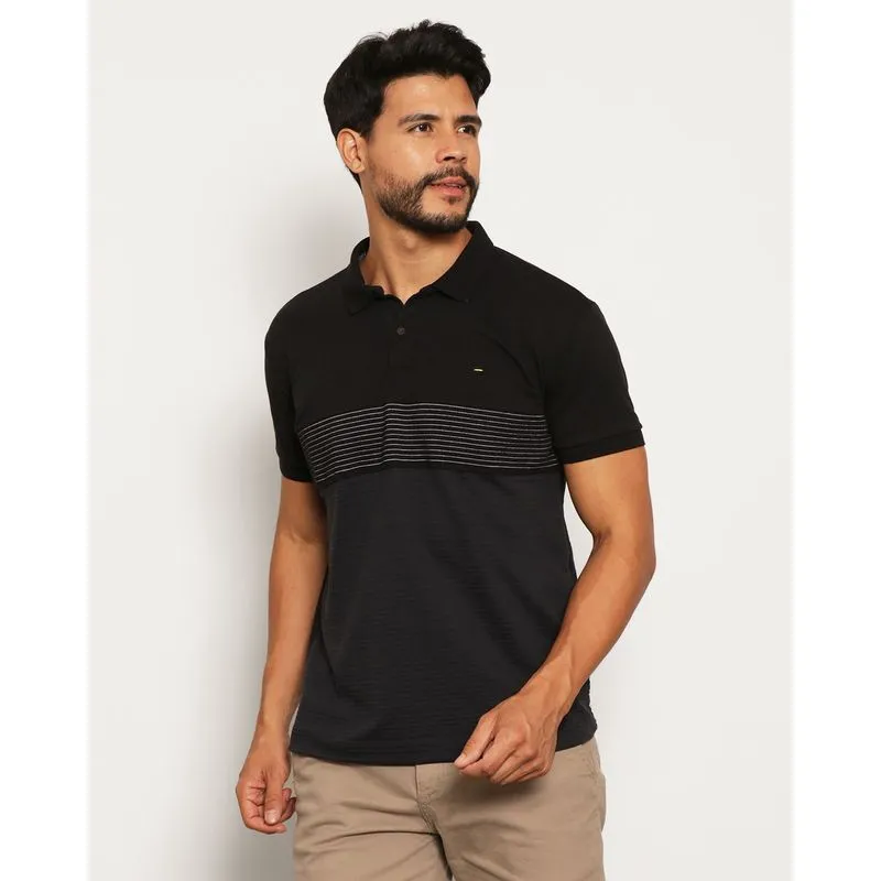 Camisa Polo Masculina Piquet Com Recortes Manga Curta Preta G