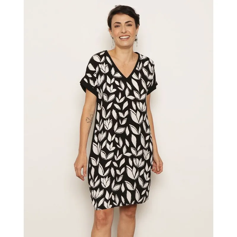 Vestido Feminino Berry & Co. Curto Viscose Estampado Preto GG