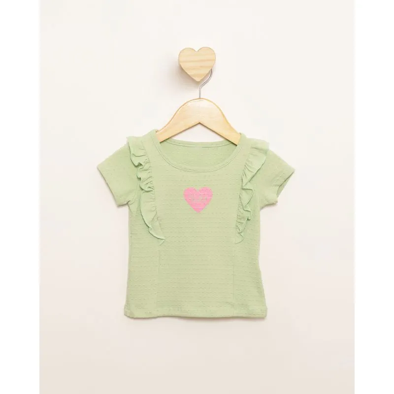 Blusa Bebê Texturizada Com Recortes Estampa Coração Manga Curta Verde 2
