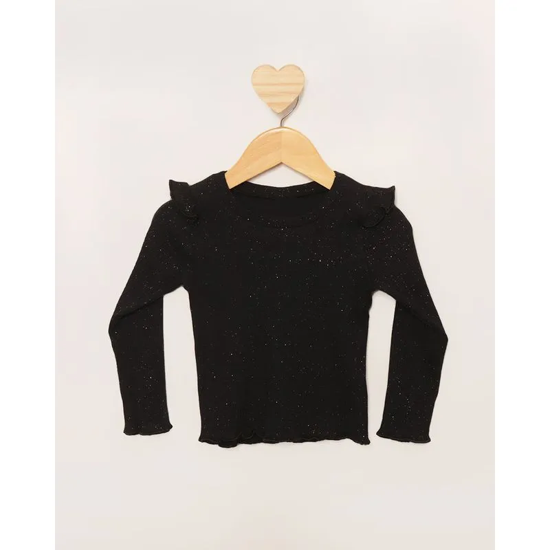 Blusa Bebê Canelada Com Glítter Manga Longa Com Babado Preta 1