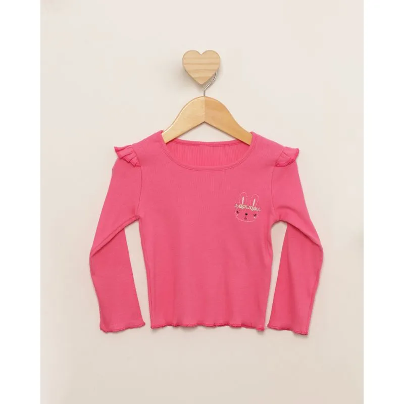Blusa Bebê Manga Longa Canelada Com Bordado Rosa 2