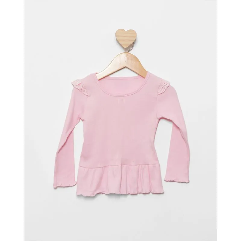 Blusa Bebê Manga Longa Canelada Com Babados Rosa 1