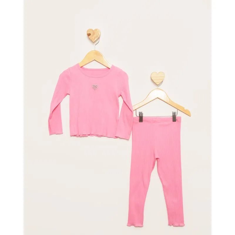 Conjunto Bebê Canelado Bordado Coração Manga Longa Rosa 3