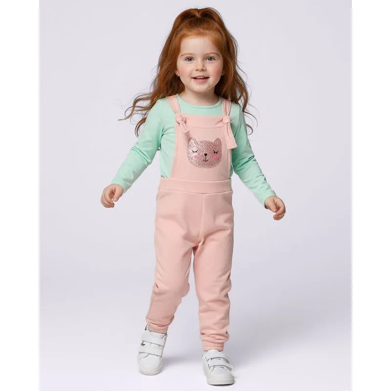 Conjunto Jardineira Bebê Peluciada Longa Bolso Glítter Rosa 3
