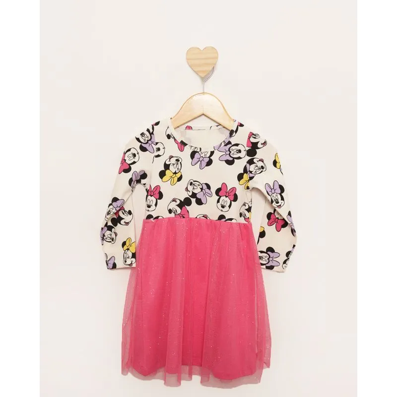 Vestido Bebê Disney Minnie Sobreposição Tule Com Glitter Bege 1