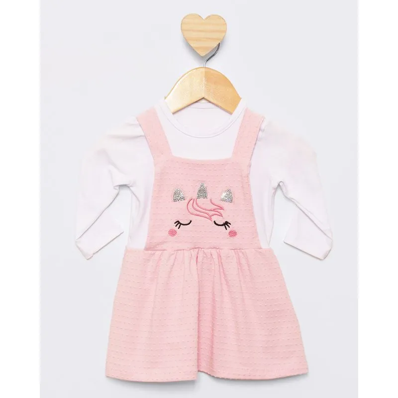 Vestido Bebê Curto Manga Longa Bordado Frontal Rosa P
