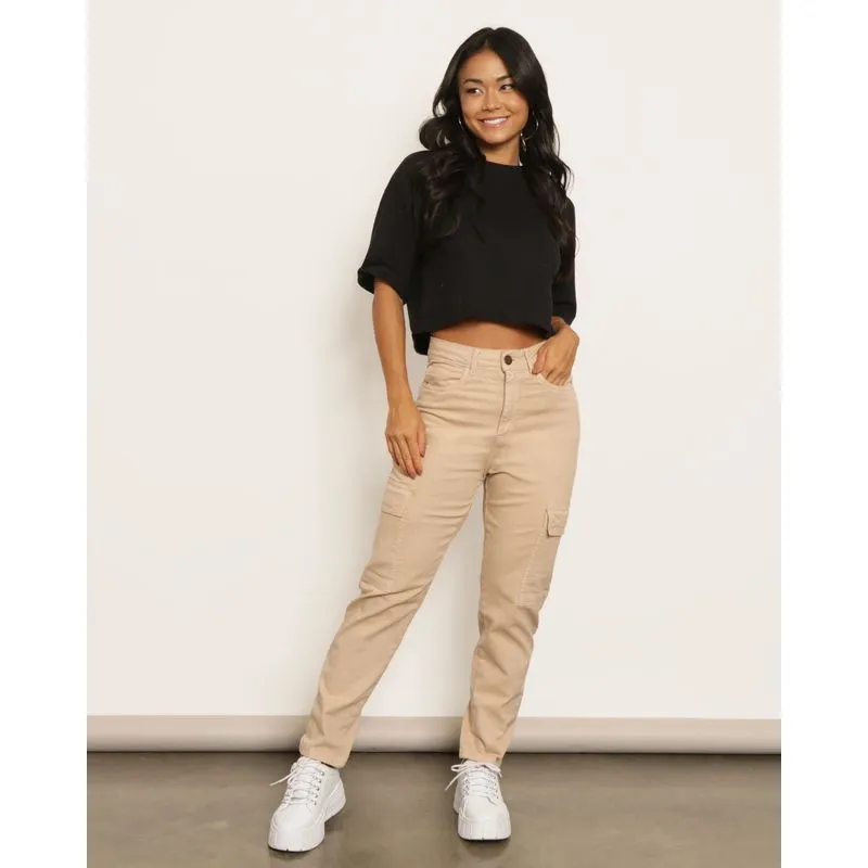 Calça Feminina Sarja Mom Bolso Cargo Bege 36