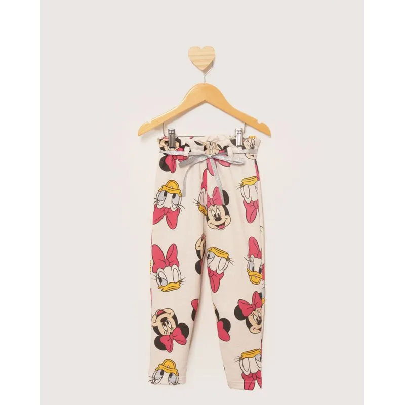 Calça Bebê Moletinho Clochard Disney Estampada Minnie e Margarida Bege 2